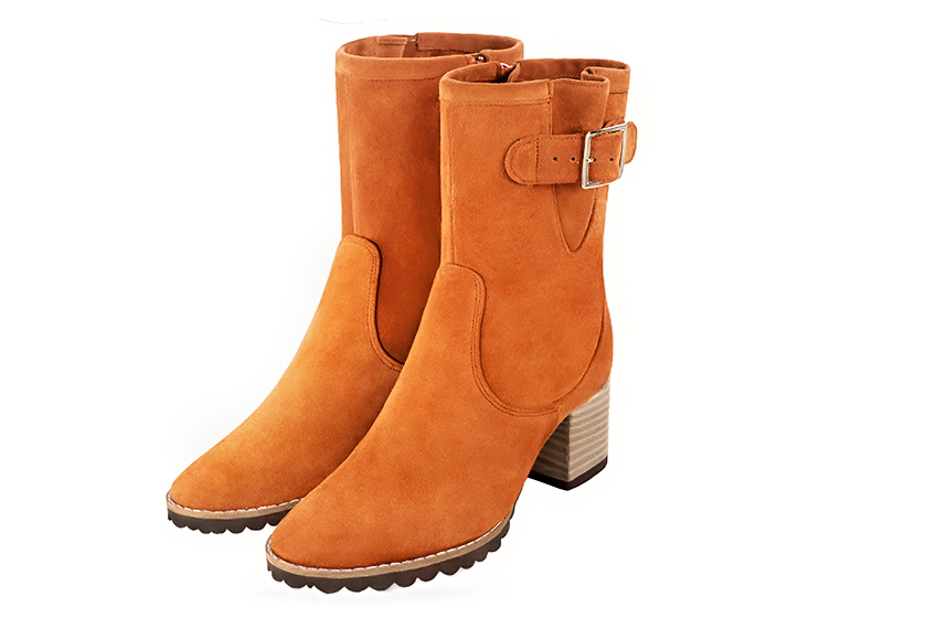 Apricot orange women's ankle boots with buckles on the sides. Round toe. Medium block heels. Front view - Florence KOOIJMAN